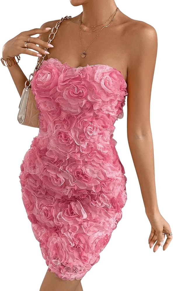 Floerns Women's Floral Appliques Strapless Bandeau Tube Party Bodycon Dress