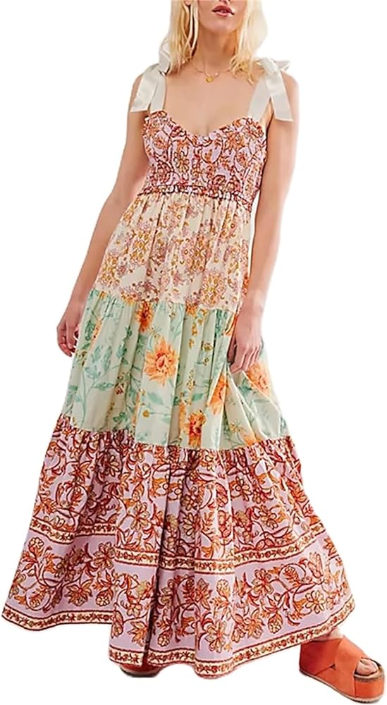 Women Summer Casual Maxi Dress Boho Dress Sleevelss Tie up Flowy Dress Cutout Long Dress Vacation Beach Dress