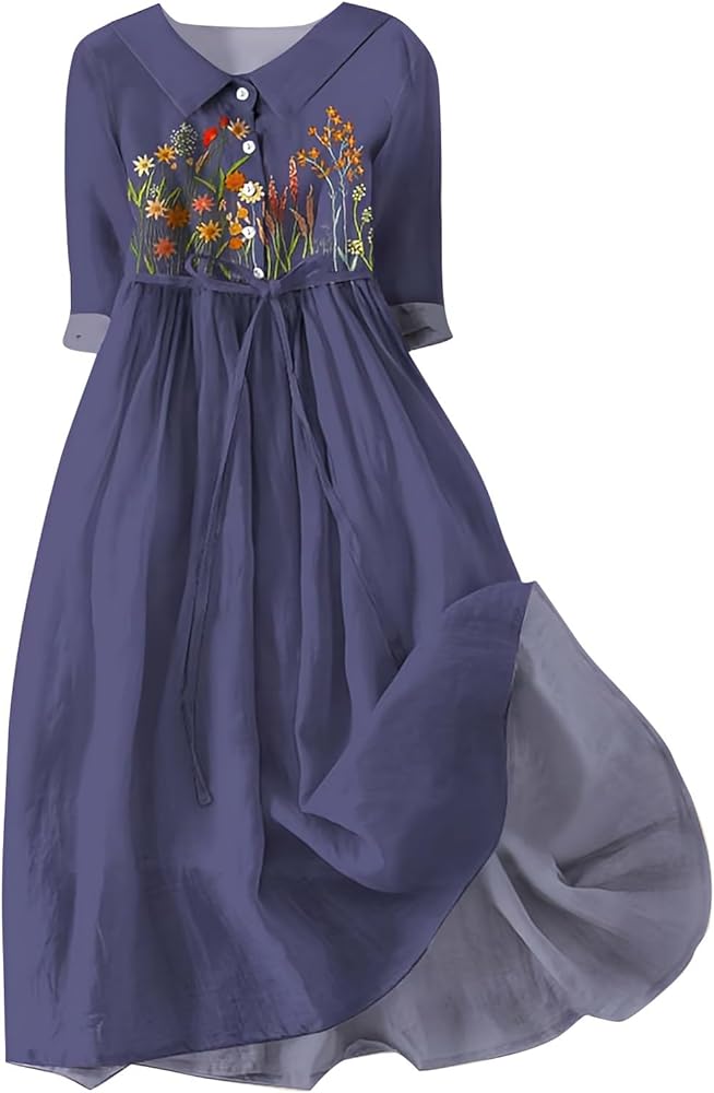 My Last Orders Placed by me on Orders 2024 Country Summer A-Line Lace-Up Sundresses Women 2024 Boho Beach Women 2024 Women Button Beach Lapel Neck Dress Vestidos de Orders para Mujer Dark Blue-B XS