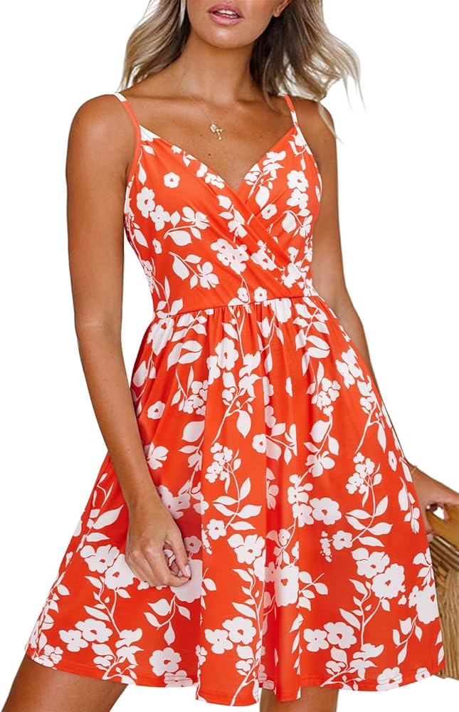 Newshows Women's Summer Dress Spaghetti Strap Sleeveless V Neck Casual Swing Sundress with Pockets