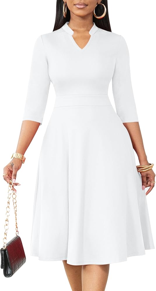 Nmoder Casual Dresses for Women Semi Formal Fit and Flare Dresses 3/4 Sleeve A-line Church Work Dresses with Pockets