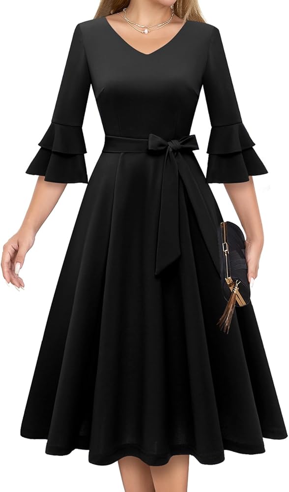 DRESSTELLS Cocktail Dress for Women 2024 Elegant V-Neck Double Bell Sleeve Formal Modest Church Tea Dress for Wedding Guest