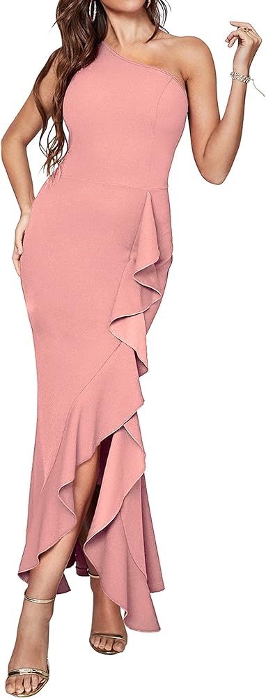 BTFBM Women One Shoulder Dresses Sleeveless Cocktail Bodycon Mermaid Ruffle Side Split Formal Party Long Evening Dress