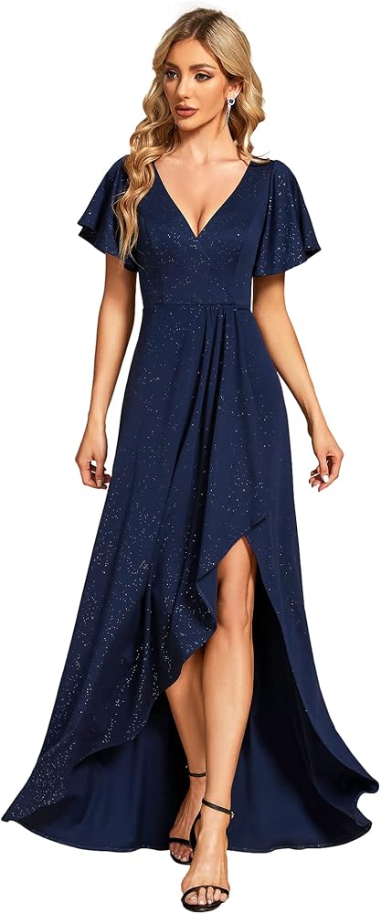 Ever-Pretty Women's Glitter High Low Ruffled Hem V-Neck Formal Dress with Sleeves 01738