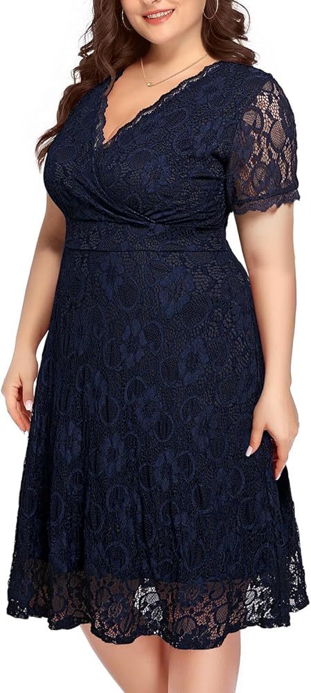 Women's Wedding Guest Plus Size Semi Formal Cocktail Lace Wrap V Neck Short Sleeve Knee Length Dress