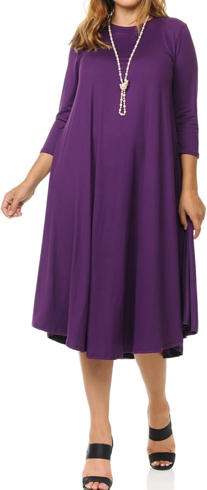 Pastel by Vivienne Women's A-Line Swing 3/4 Sleeve Midi Dress Plus Size Casual Curvy