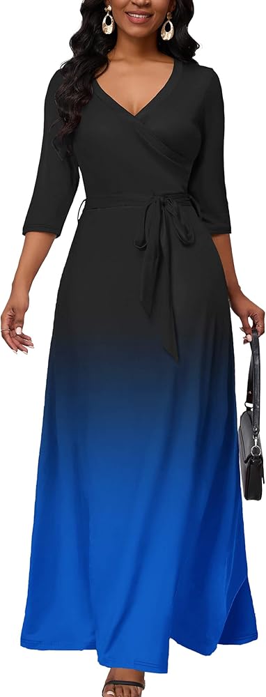 AOMONI Maxi Dress for Women Gradient Casual Long Sundress V Neck 3/4 Sleeves with Belt