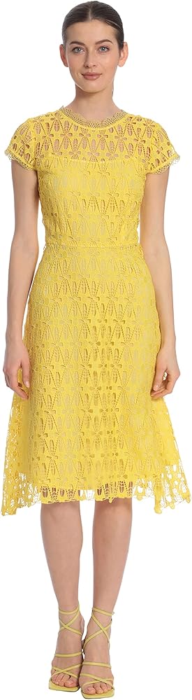 Maggy London Women's Cap Sleeve Knee Length Lace Dress with Back V-Neck