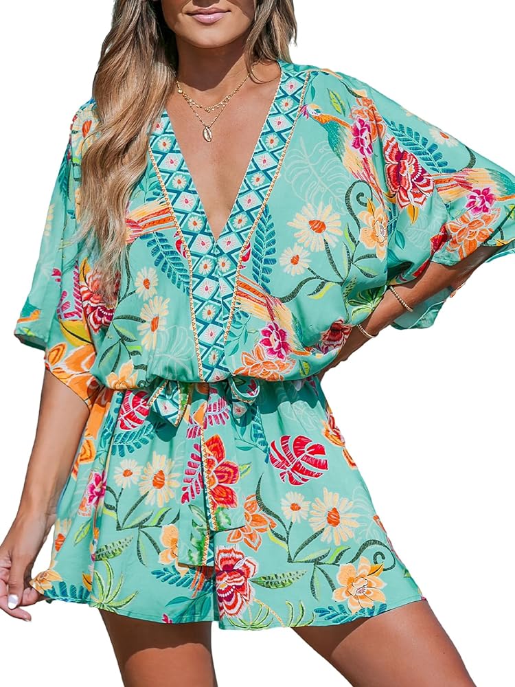 CUPSHE Women's Mini Dress V Neck Floral Half Dolman Sleeve Belted Loose Fit Short Summer Beach Dress