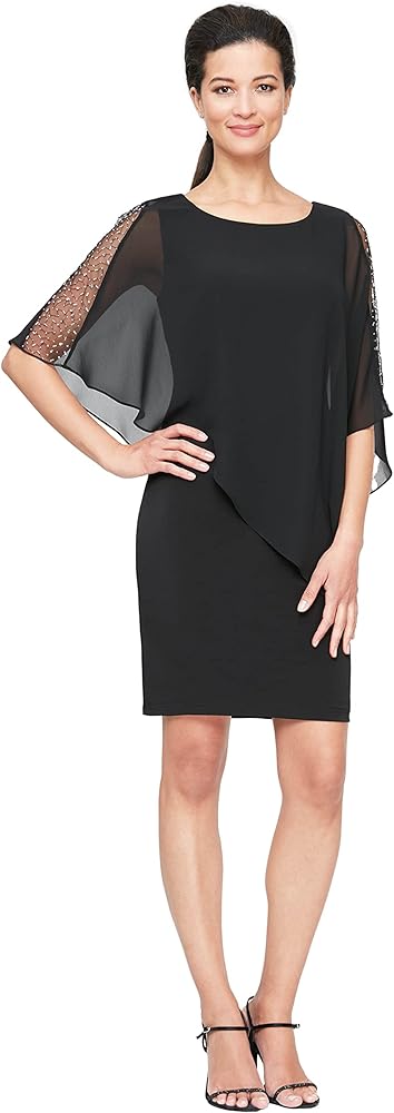 S.L. Fashions Women's Short Chiffon Beaded Capelet Dress (Petite and Regular)