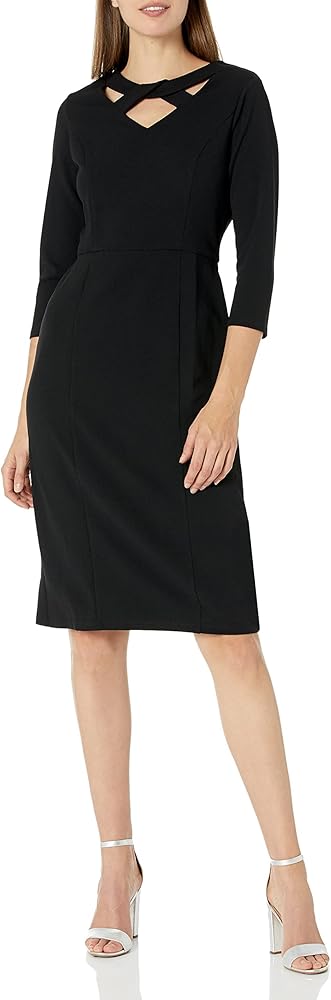 London Times Women's Scuba Crepe Neckline Detail Midi Sheath