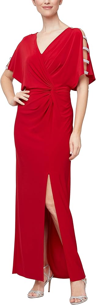 Alex Evenings Women's Plus Size Long Knot Dress with Embellished Short Sleeve