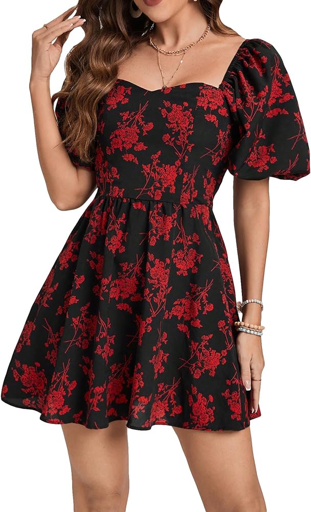 SweatyRocks Women's Floral Print Sweetheart Neck Mini Dress Short Puff Sleeve A Line Dresses