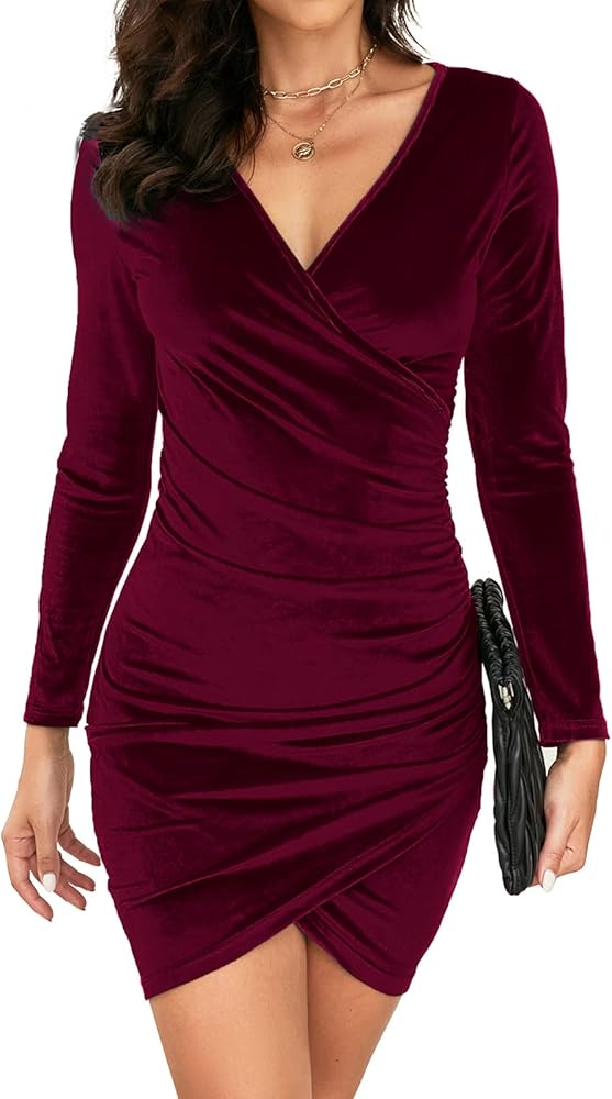 Qearal Womens Wrap V Neck Long Sleeve Velvet Bodycon Ruched Mini Party Cocktail Dress