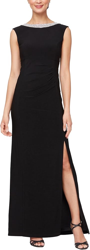 Alex Evenings Women's Long Jersey Dress with Ruched Front and Embellished Neckline (Petite and Regular Sizes)