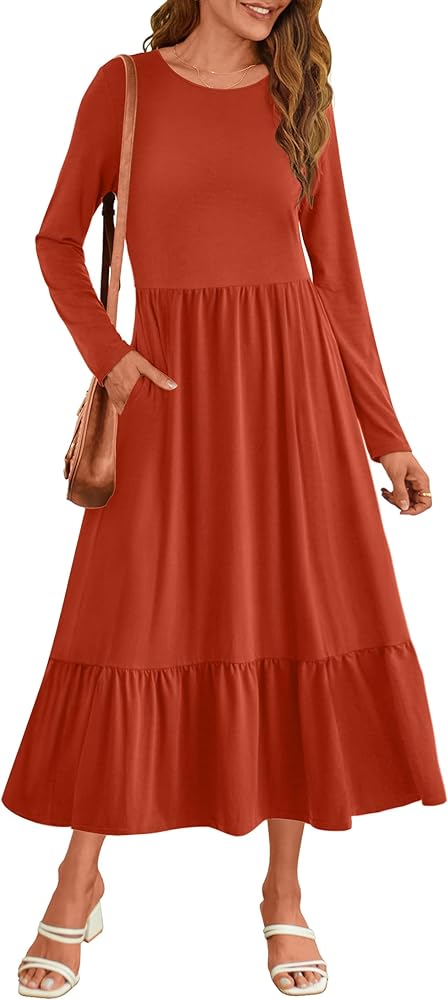 HAEOF Women's 2024 Long Sleeve Crewneck Midi Dress Pleated Tiered A Line Flowy Spring Fall Casual Dress with Pockets