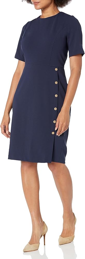 London Times Women's Short Sleeve Knee Length Crew Neck Button Side Career Polished Sheath Dress