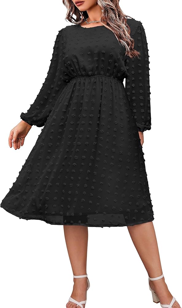 IN'VOLAND Women's Plus Size Swiss Dot Long Sleeve Chiffon Dress Flowy High Waist A Line Ruffle Babydoll Midi Dresses 16W-24W