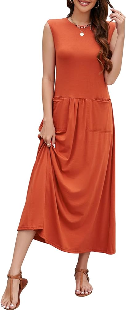 Naggoo Maxi Dresses for Women Summer Casual Sleeveless Beach Loose Fit Pleated Long Sun dresses with Pocket