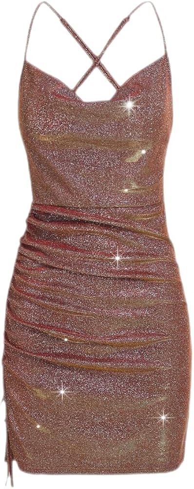 Verdusa Women's Spaghetti Strap Crew Neck Backless Ruched Glitter Bodycon Dress