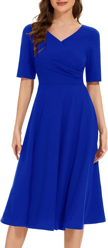 Dressystar Women’s Bridesmaid Wedding Guest Cocktail Party Midi A-Line Dresses Cross V Neck Swing Dress