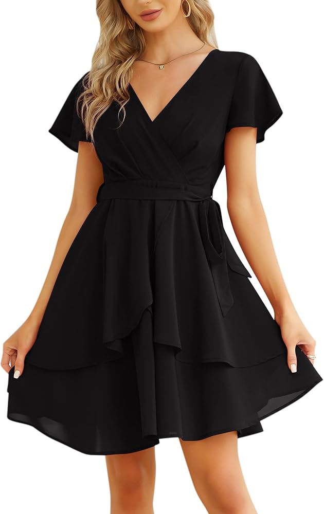 KOJOOIN Womens Skater Dresses Sexy V Neck Short Sleeve Tie Waist Solid Ruffle Boho Flowy Swing Mini Dress