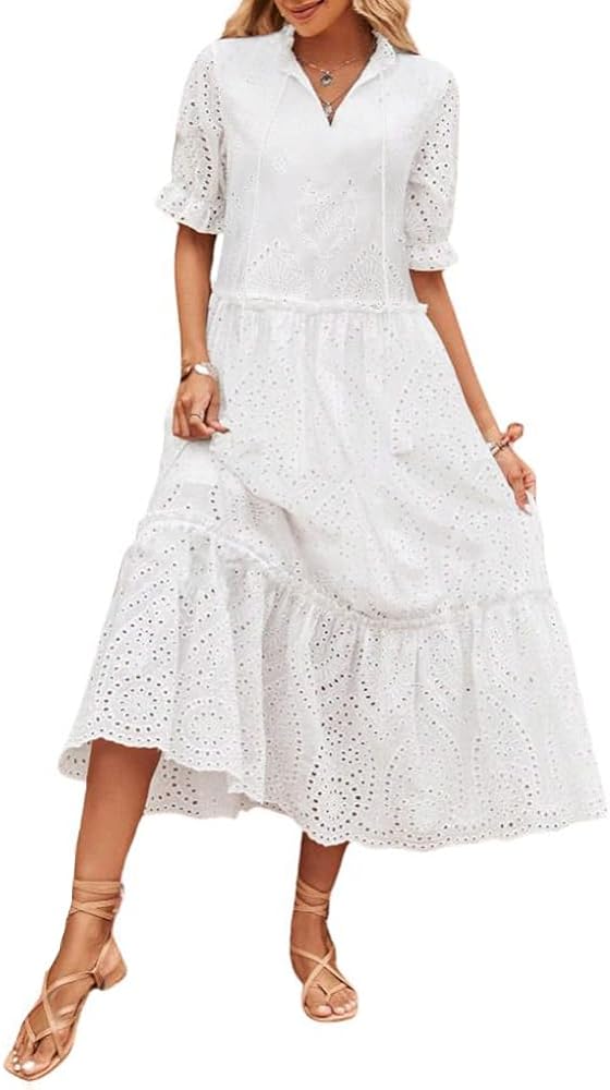 chouyatou Women's Summer Boho Embroidery Eyelet Dress V-Neck Collared Tiered Midi Tunic Dress