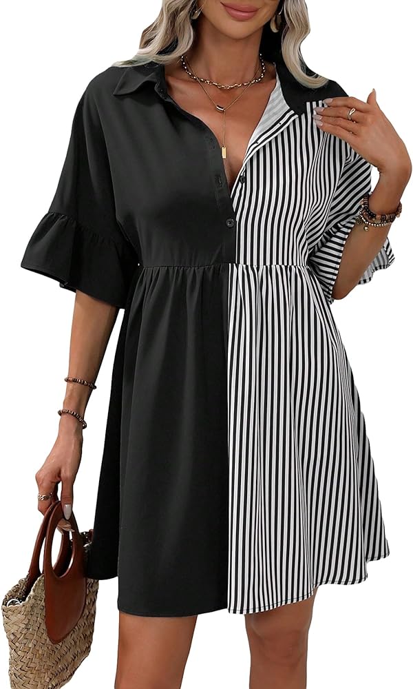 SOLY HUX Women's Striped Shirt Dress Ruffle Half Sleeve Button Front Smock Short Dresses