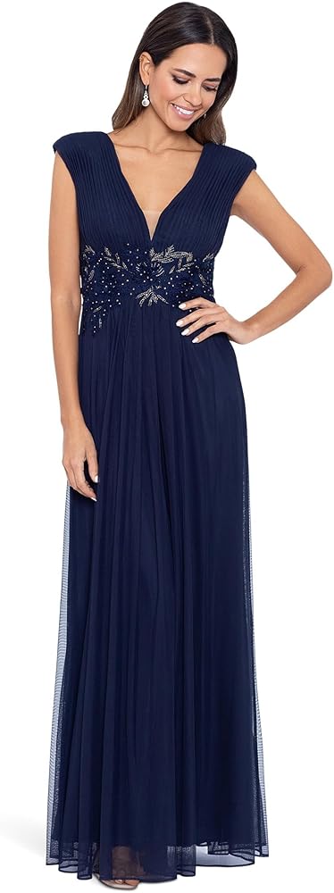 Betsy & Adam Women's Sleeveless V-Neck Chiffon Formal Flowy Long Dress W/Embroidery Applique