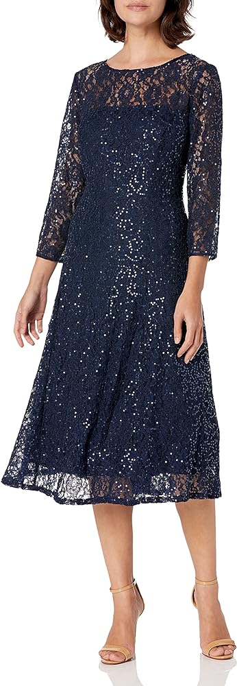 S.L. Fashions Women's Midi Length Sequin Lace Fit and Flare Dress (Missy Petite)