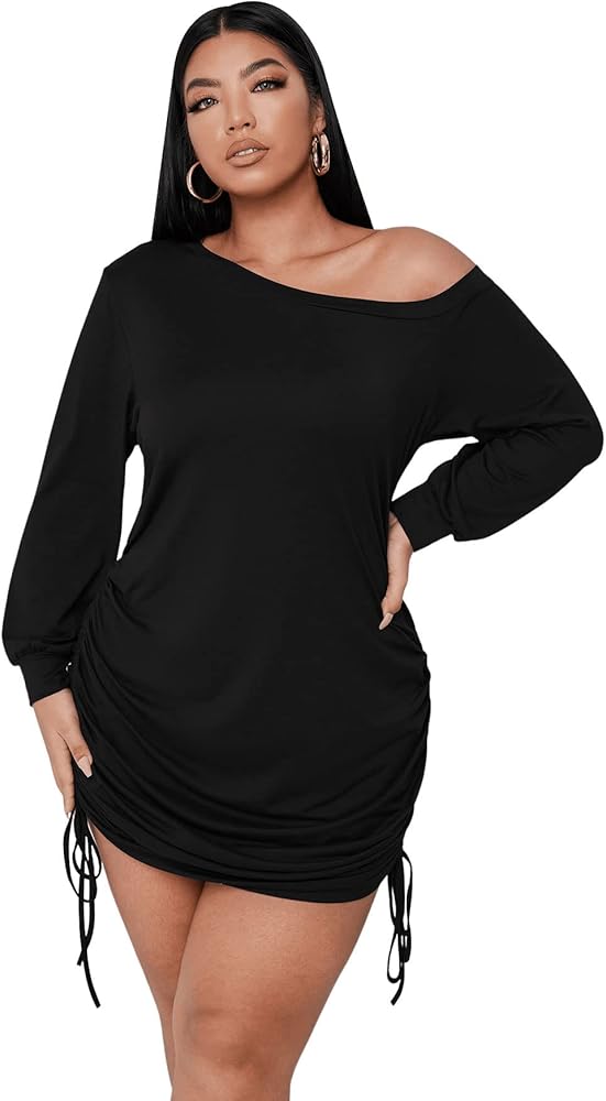 SOLY HUX Women's Plus Size Off Shoulder Long Sleeve Drawstring Side Short Dress