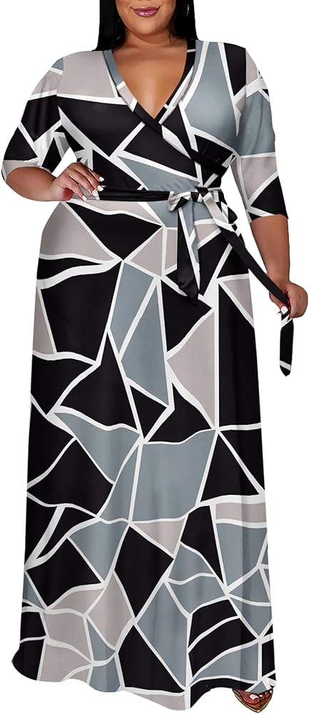 Runwind Plus Size Dresses for Women Floral Maxi Dress Flowy 3/4 Sleeve with Belt