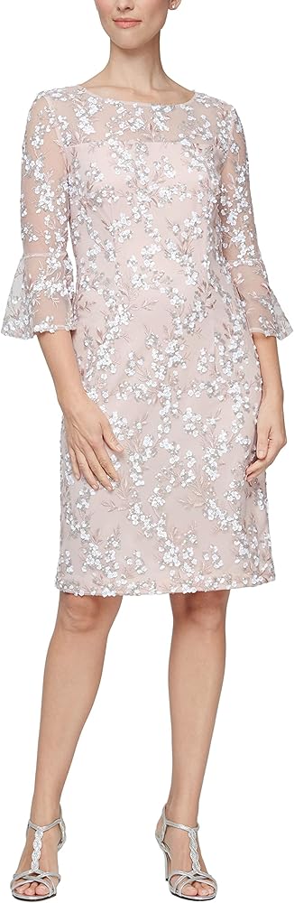 Alex Evenings Women's Short Shift Cocktail Gown with Bell Sleeves, Formal Events, Wedding Guest Dress