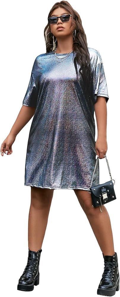 WDIRARA Women's Plus Size Short Sleeve Metallic Loose Mini Tshirt Dress for Clubwear