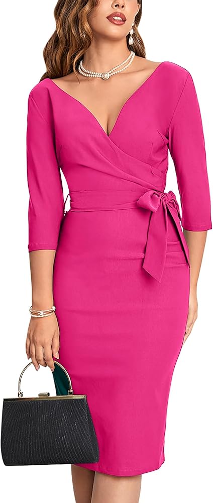 MUXXN Women's Vintage Faux Wrap V Neck 3/4 Sleeve Formal Classic Party Work Dress with Belt