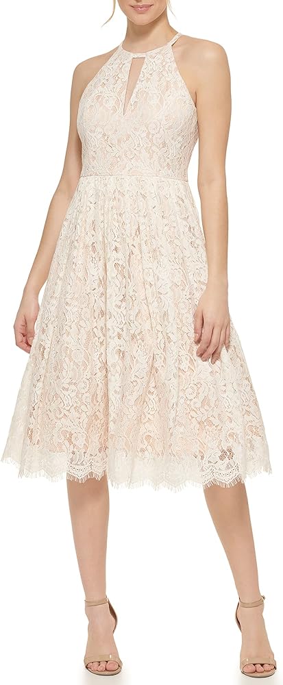 Eliza J Women's Midi Style Fit and Flare Sleeveless Halter Neck Lace Dress