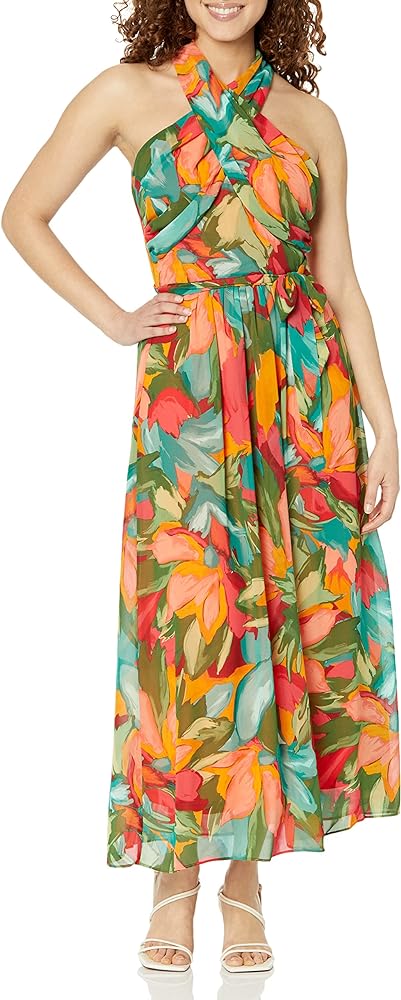 London Times Women's Twist Neck Halter Maxi Dress