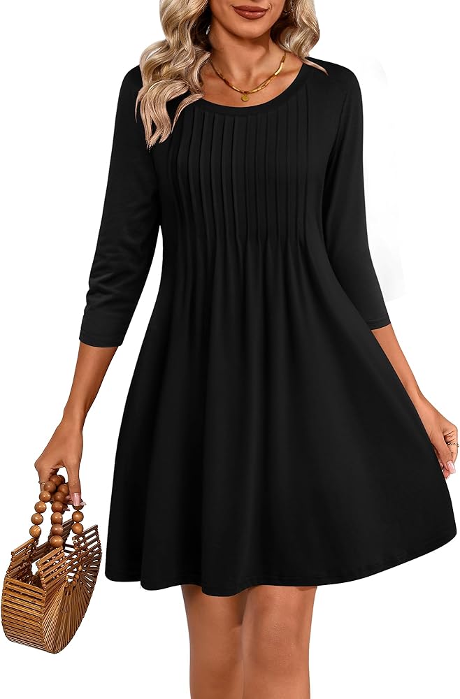 Dresses for Women 2024 Fall 3/4 Sleeve Crew Neck Casual Tunic Swing Dress Knee Length Pleated Fitted T Shirt Dress