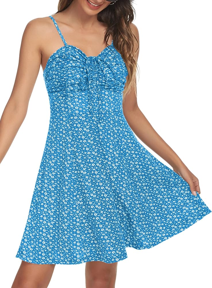 Missufe Spaghetti Strap Floral Mini Dress Women's Casual Ruched Front Drawstring Swing Sundress