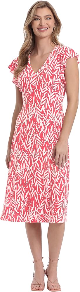 London Times Women's Leaf Print V-Neck Ruffle Sleeve Dress