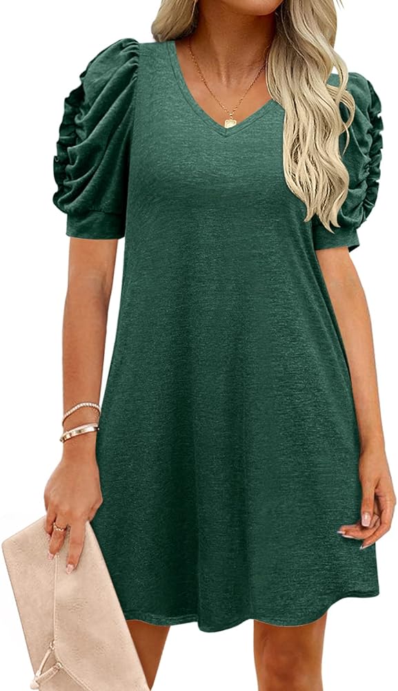 MIHOLL Womens 2024 Summer Dresses Casual V Neck Puff Short Sleeve T Shirt Dress with Pockets