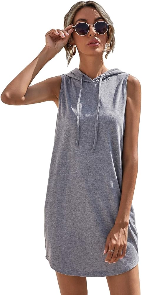 Floerns Women's Drawstring Solid Sweatshirt Dress Casual Short Sleeveless Hoodie Mini Dress