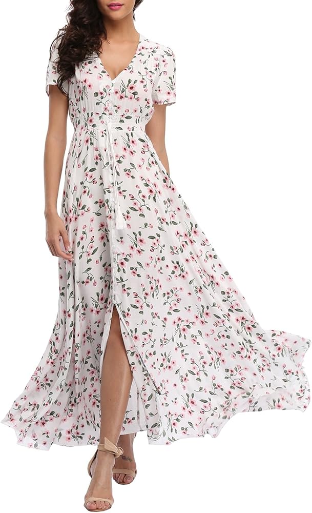 VintageClothing Women's Floral Maxi Dresses Boho Button Up Split Summer Casual Long Dress Beach Party Dress