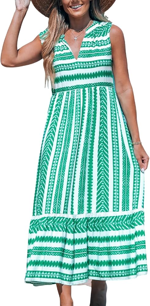 CUPSHE Women's Ruffle Beach Maxi Dress Split V Neck A Line Sleeveless Stripe Geometric Pattern Casual Summer Dresses