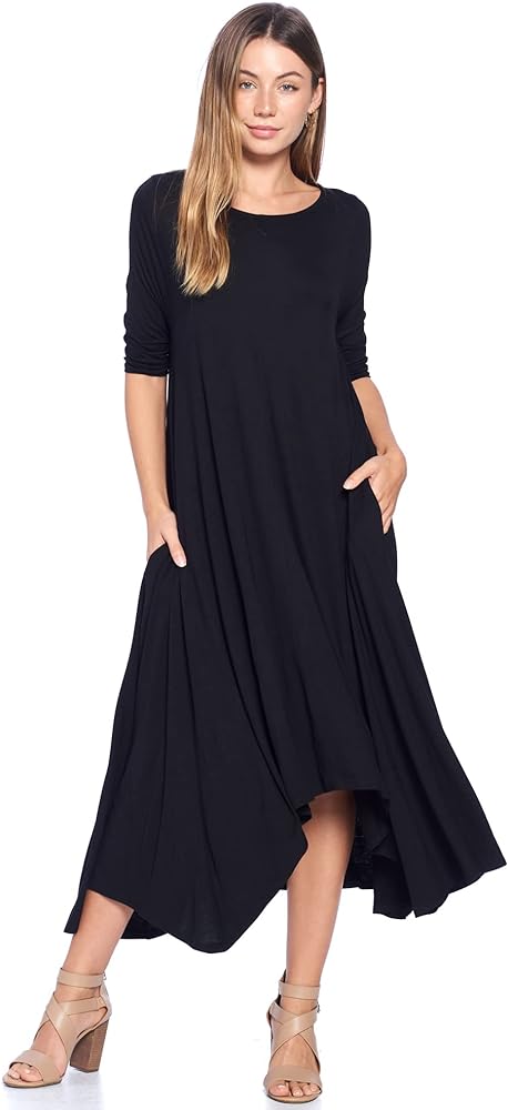 Solid 3/4 Sleeve Pocket Loose Maxi Dress (S-3X) - Made in USA