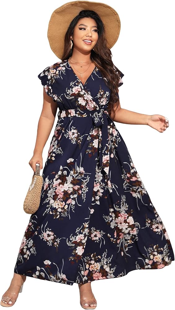 WDIRARA Women's Plus Floral Wrap V Neck Slit A Line Flutter Sleeve Swing Belted Maxi Dress