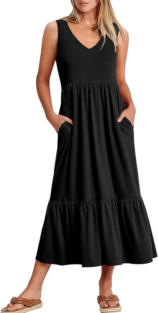 ANRABESS Women's Summer Casual Sleeveless V Neck Swing Dress Fit & Flare Flowy Tiered Maxi Beach Sundress with Pockets