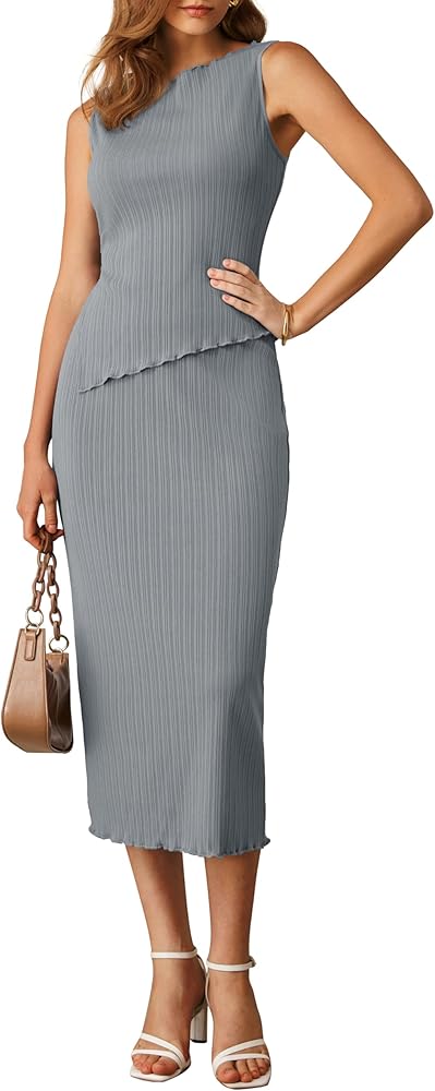 GRACE KARIN Women's Business Work Dress Sleeveless Two Piece Dress Set 2024 Summer Crewneck Tank Tops Knit Maxi Dress