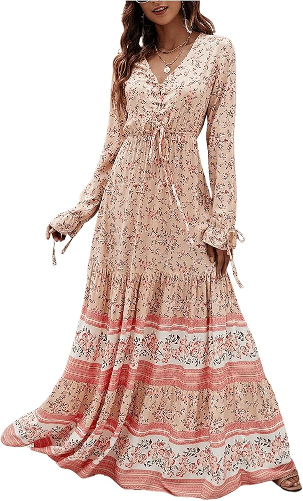 Floerns Women's Floral Print Boho V Neck Long Sleeve Flowy Maxi Dress