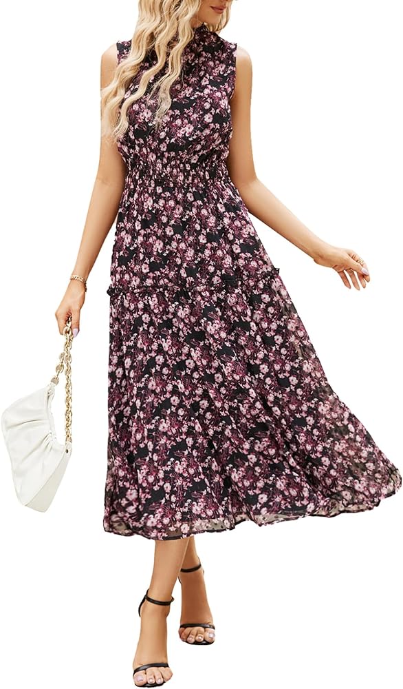 JASAMBAC Women's 2024 Summer Floral Dress Sleeveless Flowy Ruffle Trim Tie Back Elastic Waist Midi A-line Dress